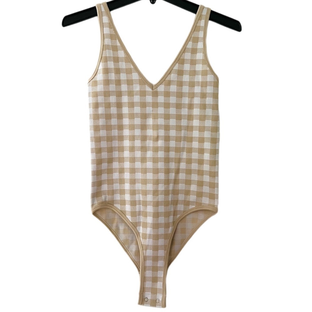 Aura- Stylish Checkered Bodysuit in Tan and White (M/L) NWT
